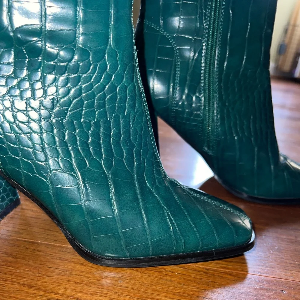 Block Heel Square Toe Green Croc Boots - Picture 3 of 3